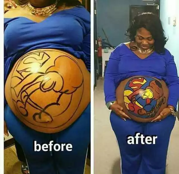 Nigerian Mother Flaunts Colourful Superbaby Tattoo on her Babybump